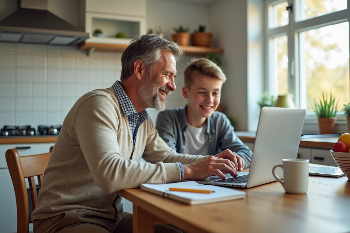 Père et fils souriants travaillant ensemble à la maison