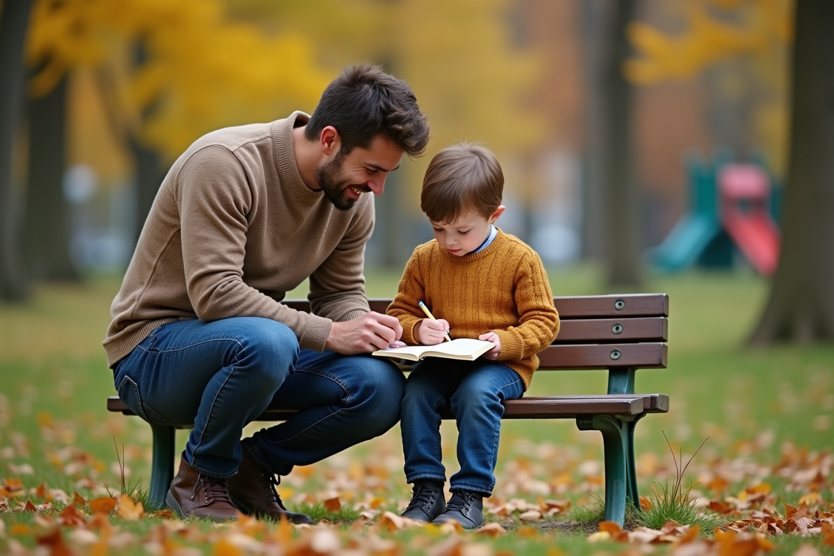 Père et enfant écrivant ensemble dans un parc