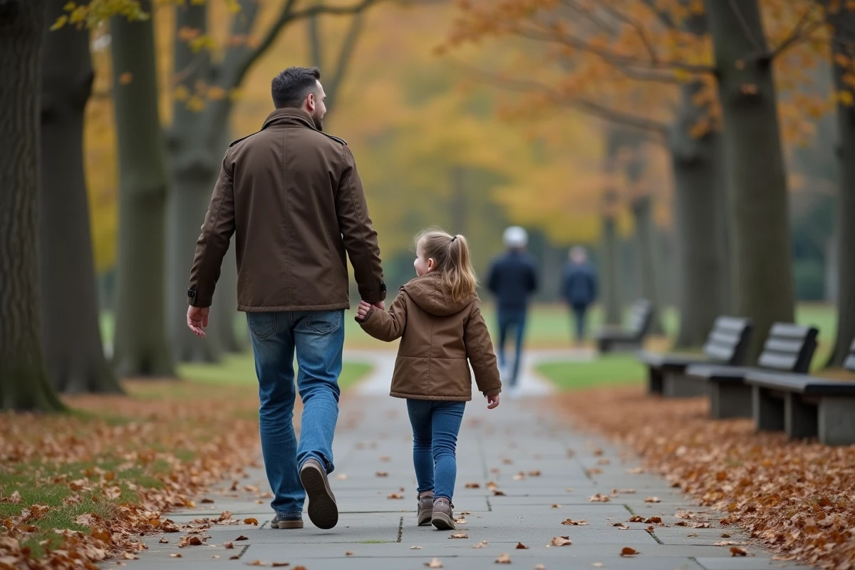 Père et fille se promenant dans un parc urbain