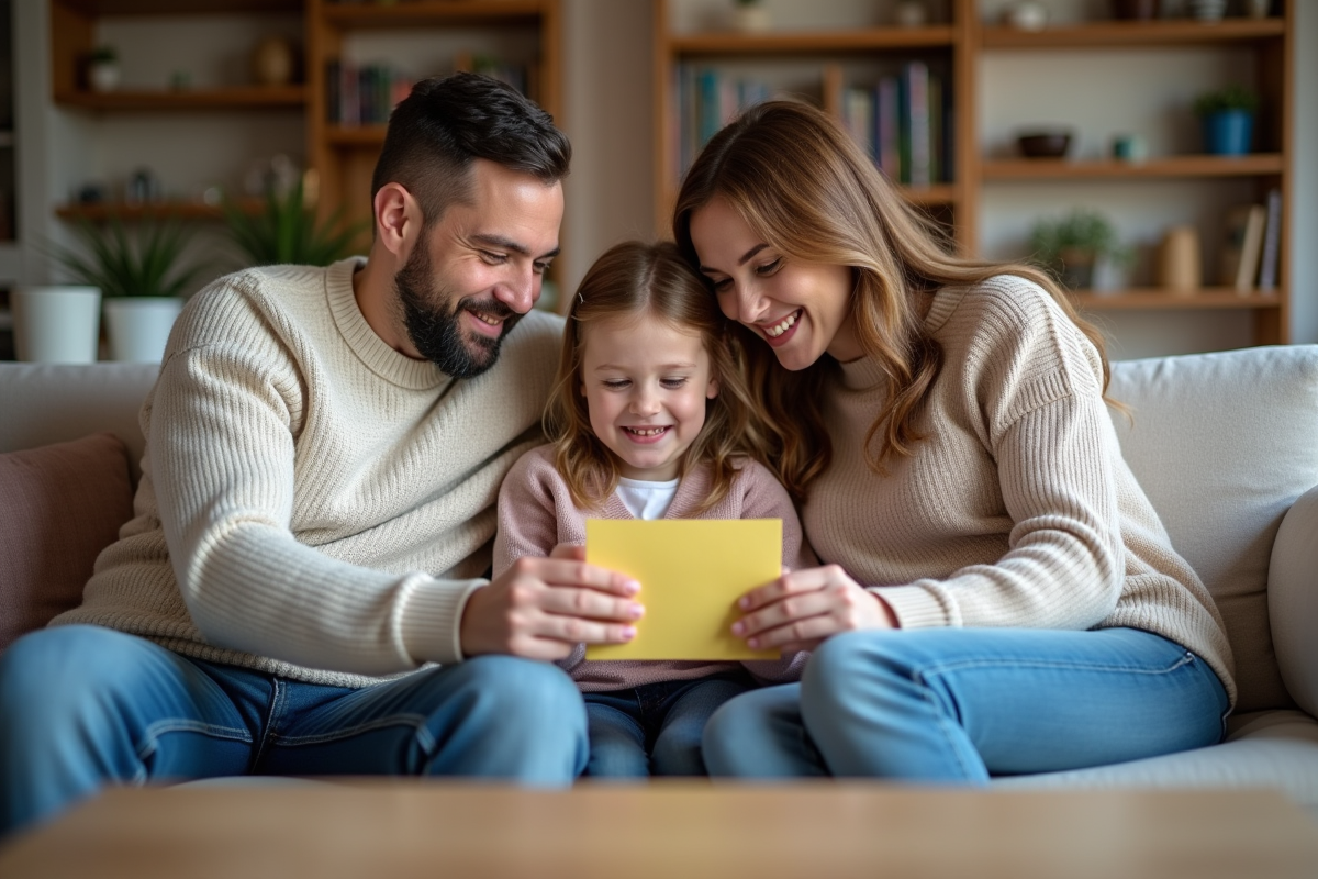 Parents et enfant souriants avec une carte colorée à la maison