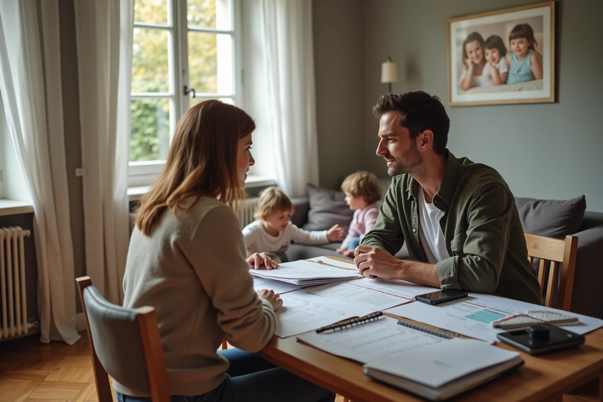 Couple de parents en télétravail discutant de l'organisation familiale pendant une grève de la cantine scolaire