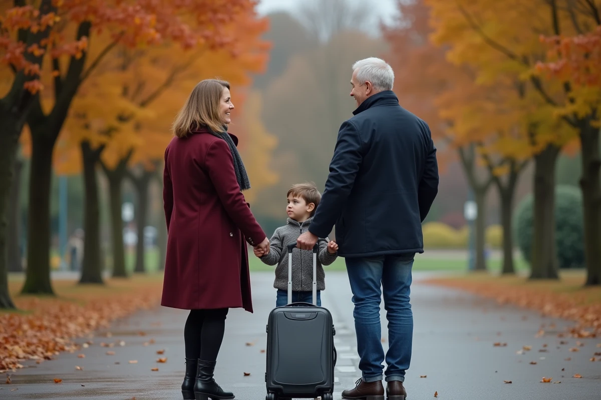 Parents séparés échangeant la garde de leur enfant dans un parc lors des vacances scolaires d'automne