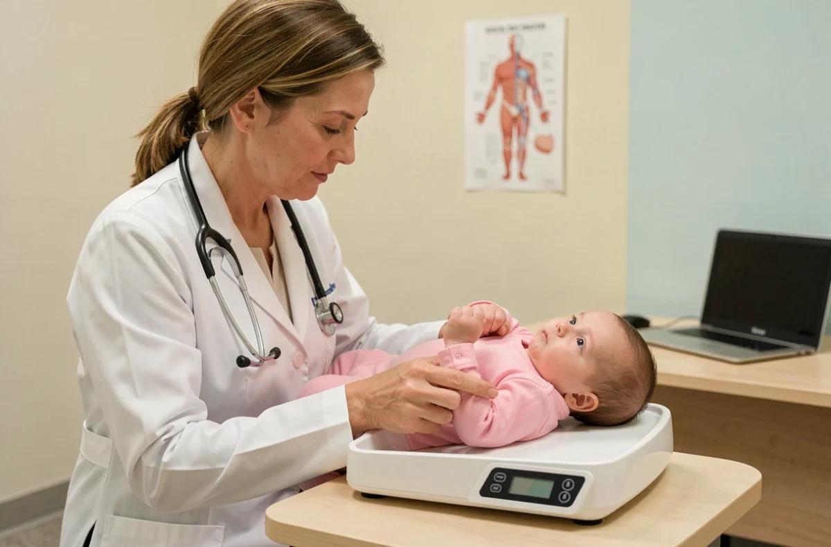 Pédiatre pesant une bébé de 3 mois sur une balance numérique en cabinet médical