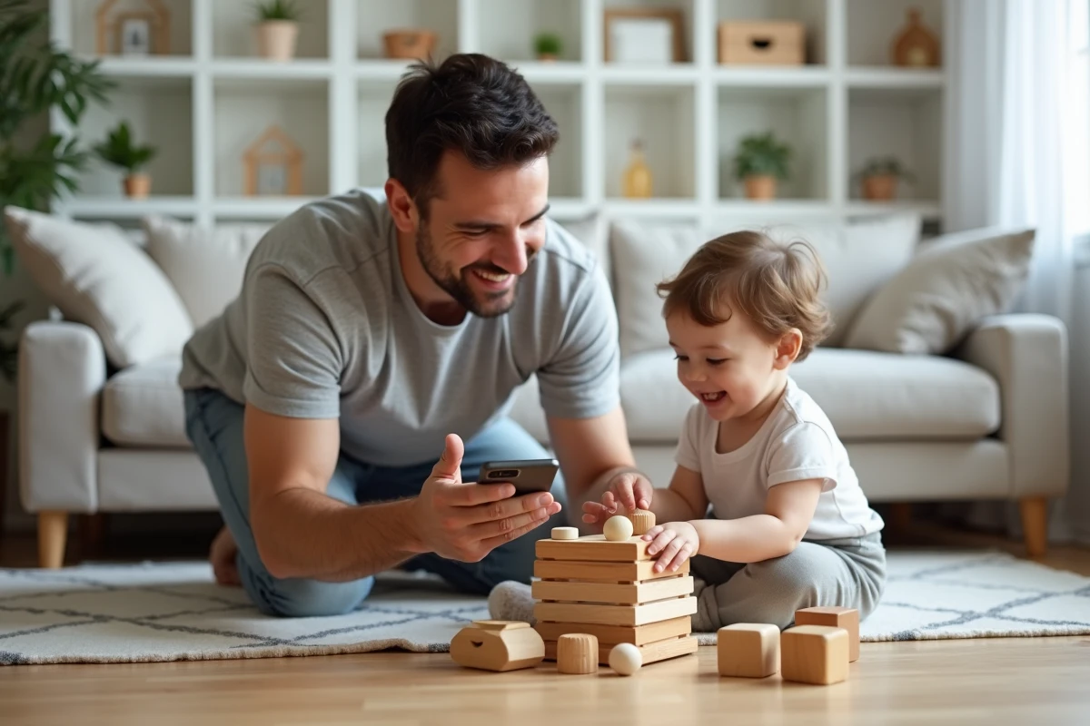 Père utilisant un code promo sur smartphone pendant que son enfant joue avec un jouet en bois
