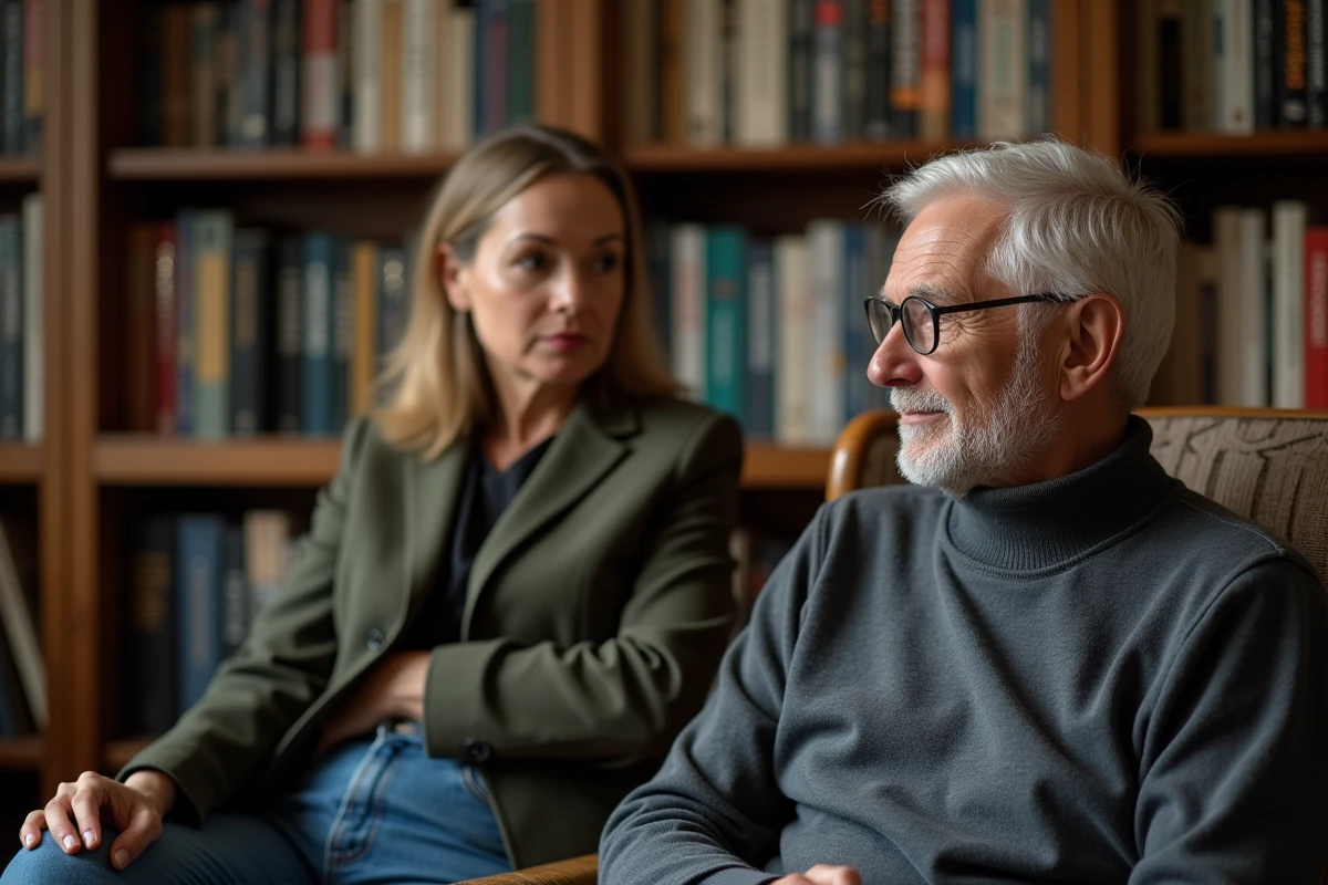 Père et fille dans une bibliothèque personnelle remplie de livres, évoquant l'héritage culturel et intellectuel partagé au sein d'une famille liée au monde des médias et de l'édition