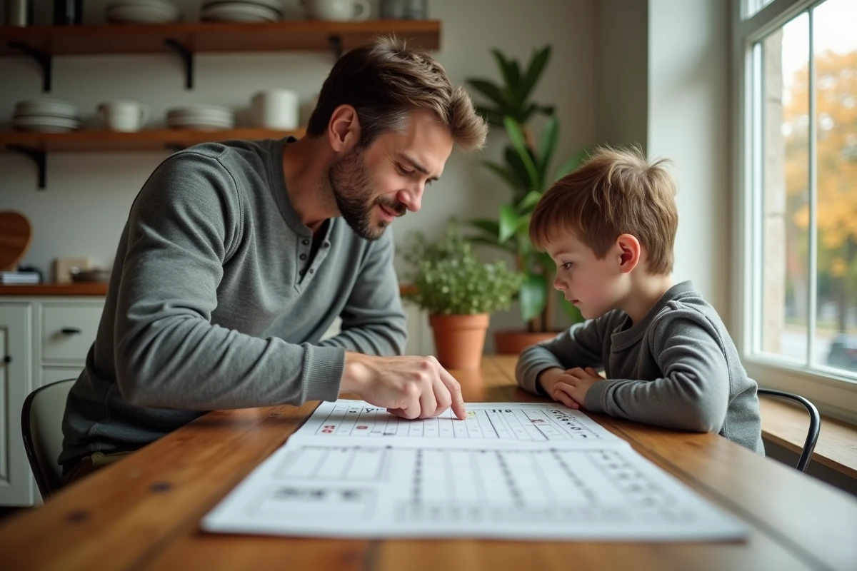 Père et fils planifiant le calendrier de garde partagée autour d'un agenda des vacances scolaires d'octobre