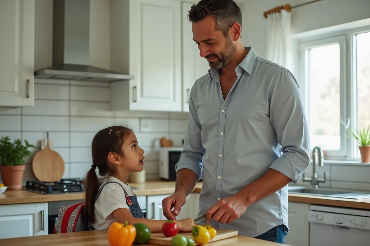 Père préparant le repas de midi à la maison pour sa fille pendant une grève des cantines scolaires