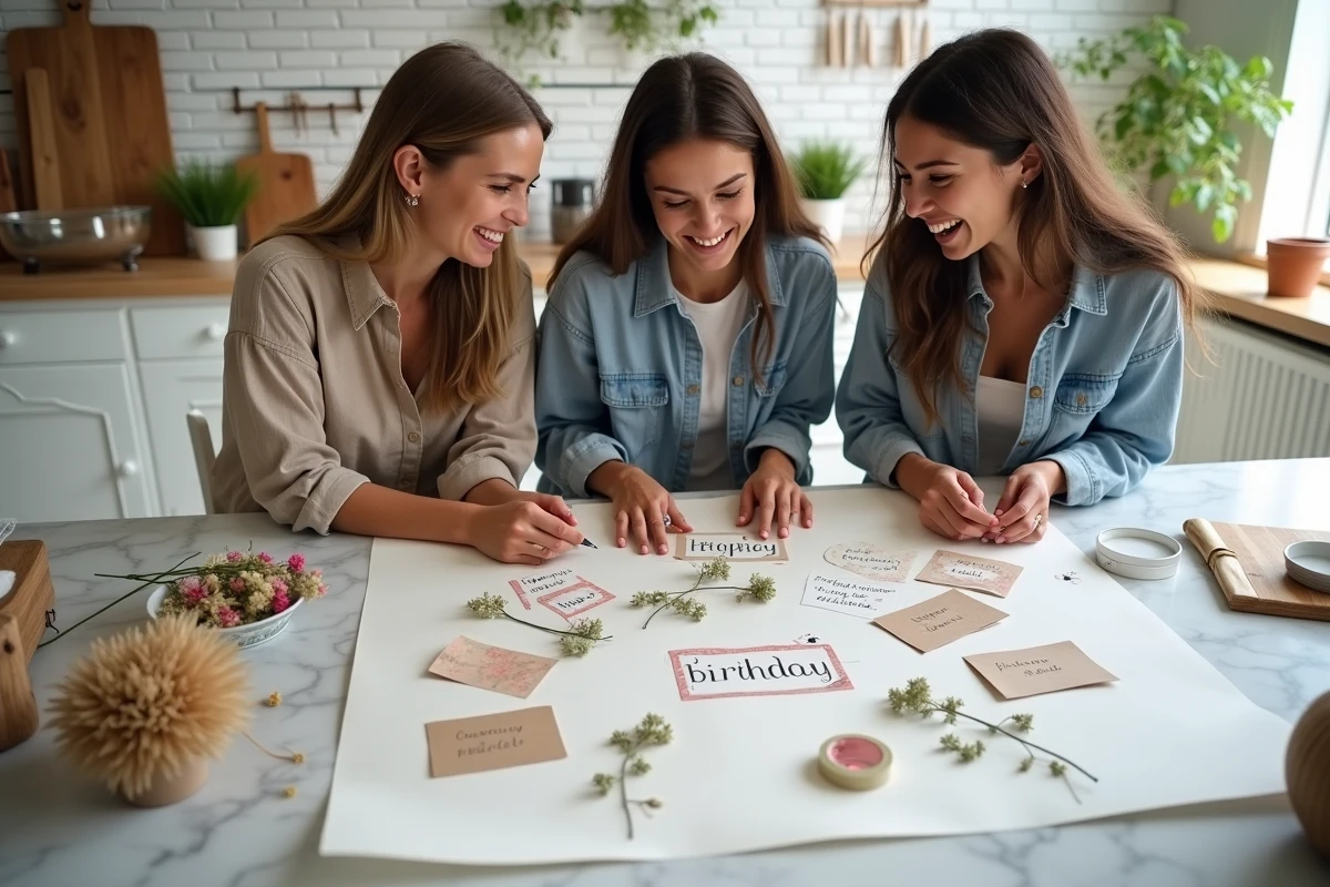 Trois amies de 20 ans créant ensemble des citations d'anniversaire personnalisées avec des fleurs séchées et des cartes manuscrites sur une table en marbre