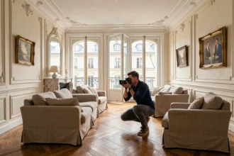 Photographe immobilier professionnel en train de photographier un appartement haussmannien parisien avec parquet en point de Hongrie et cheminée en marbre