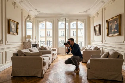 Photographe immobilier professionnel en train de photographier un appartement haussmannien parisien avec parquet en point de Hongrie et cheminée en marbre