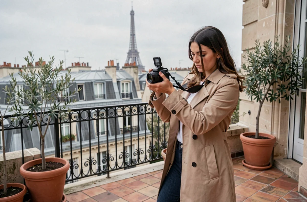 Photographe immobilière sur une terrasse parisienne avec vue sur les toits et la Tour Eiffel en arrière-plan flou