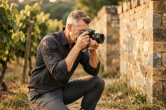 Photographe de mariage professionnel en Dordogne prenant des photos dans un vignoble avec des murs en pierre