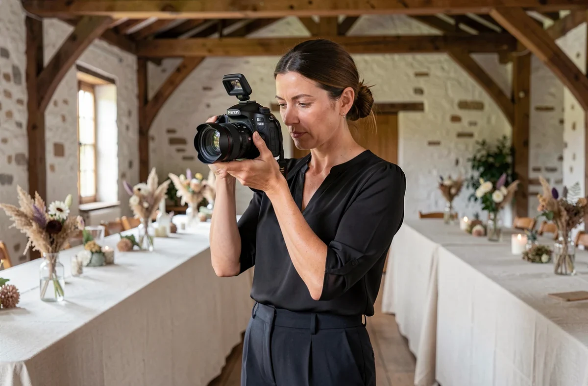 Photographe de mariage féminine consultant ses clichés dans une grange rustique en Dordogne
