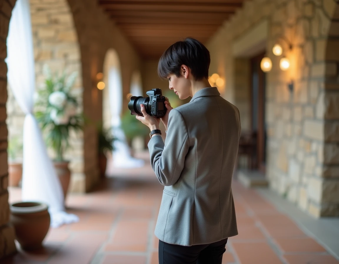 Photographe professionnelle consultant ses photos lors d'un mariage dans une salle de réception en pierre en Occitanie