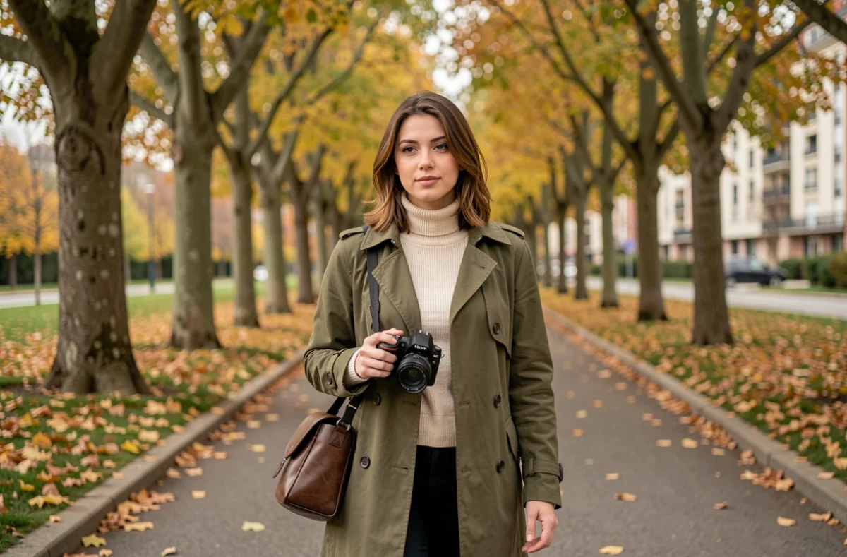 Jeune photographe se promenant dans un parc automnal en banlieue parisienne avec son appareil photo