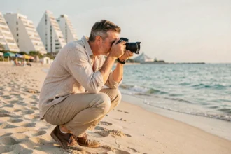 Photographe professionnel en action sur la plage de La Grande Motte avec les pyramides en arrière-plan