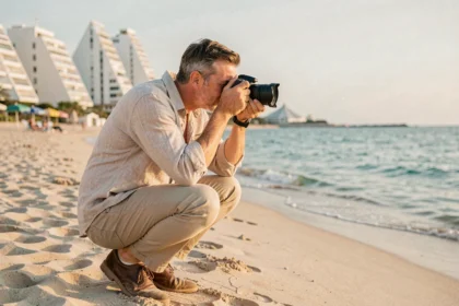 Photographe professionnel en action sur la plage de La Grande Motte avec les pyramides en arrière-plan