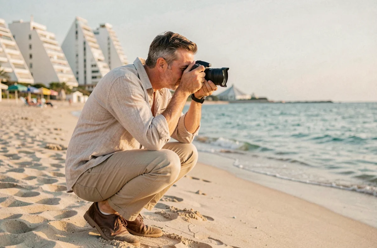 Photographe professionnel en action sur la plage de La Grande Motte avec les pyramides en arrière-plan