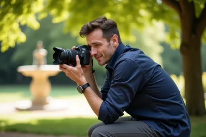Photographe professionnel en action dans un parc de Plaisance-du-Touch, cadrant une photo avec son appareil reflex