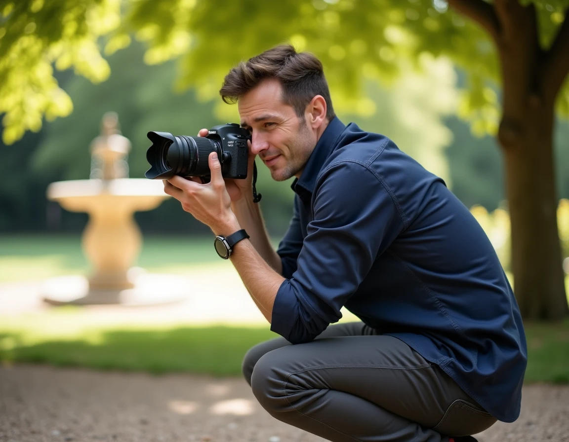 Photographe professionnel en action dans un parc de Plaisance-du-Touch, cadrant une photo avec son appareil reflex