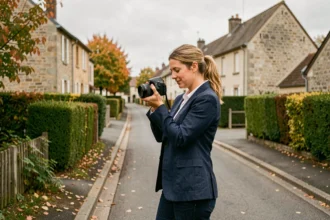 Photographe professionnelle consultant son appareil photo dans une rue résidentielle d'Ozoir-la-Ferrière