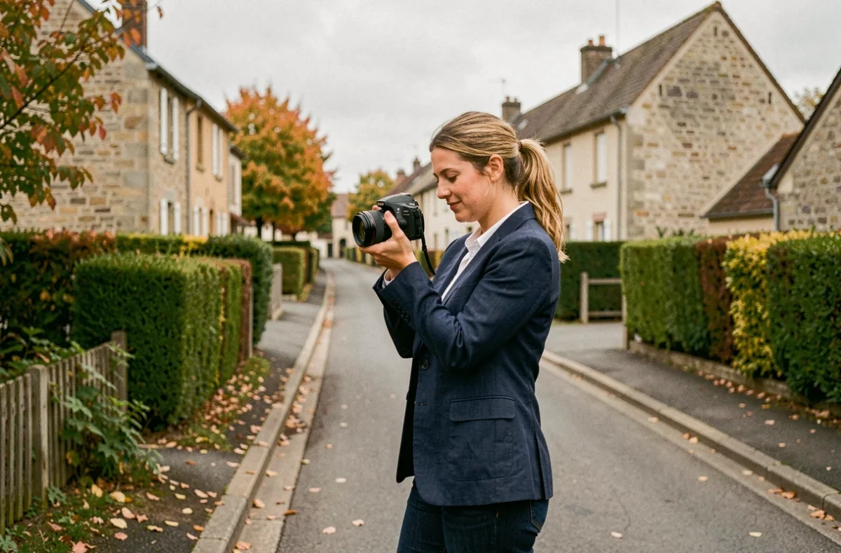 Photographe professionnelle consultant son appareil photo dans une rue résidentielle d'Ozoir-la-Ferrière