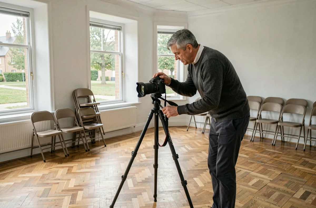 Photographe masculin installant son trépied dans une salle communale pour une séance photo à Ozoir-la-Ferrière