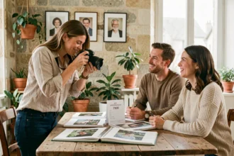 Photographe professionnelle à Vitré présentant ses tarifs à un couple lors d'une consultation en studio