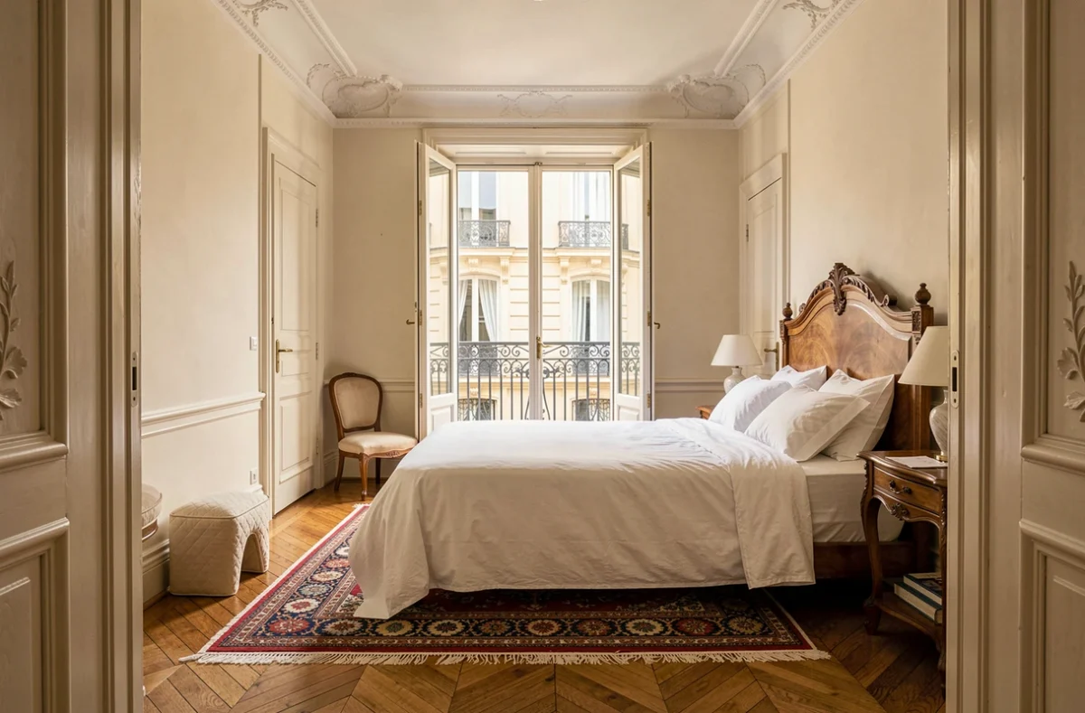 Chambre de luxe dans un appartement parisien photographiée professionnellement pour une annonce immobilière premium avec moulures et parquet ancien
