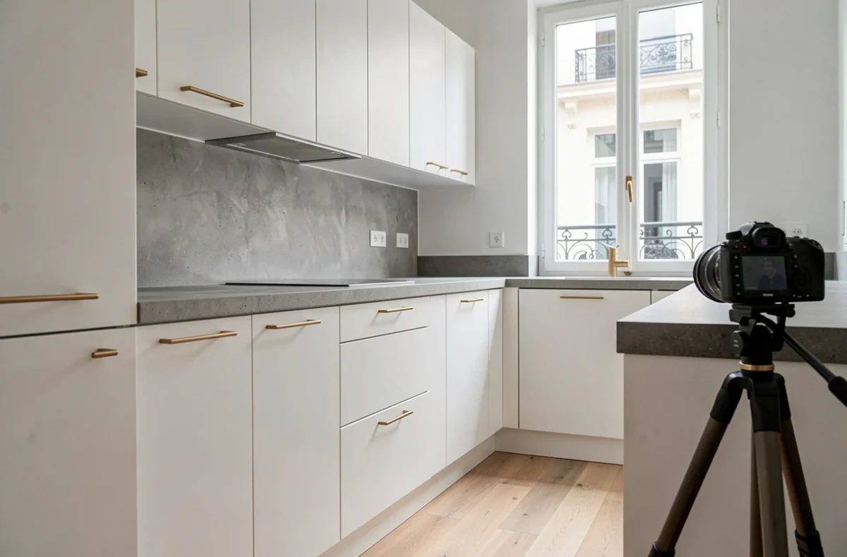 Intérieur d'une cuisine parisienne rénovée photographiée sous angle professionnel pour une annonce immobilière haut de gamme
