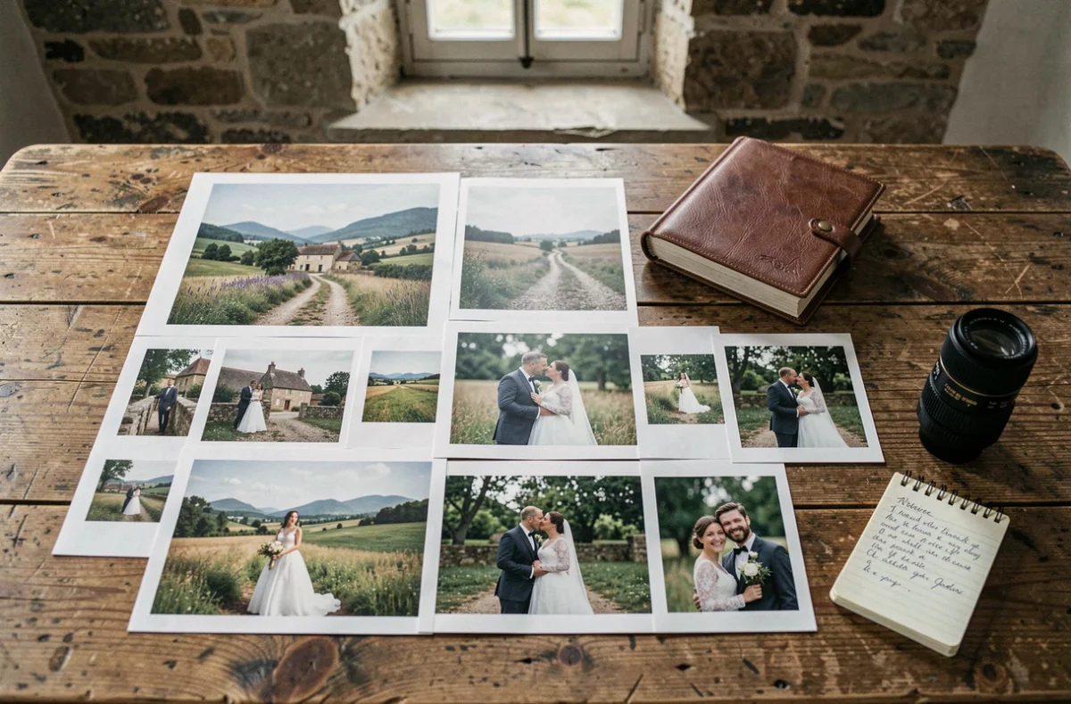 Portfolio de photographe de mariage en Dordogne avec album photo, tirages et matériel photographique sur une table en bois