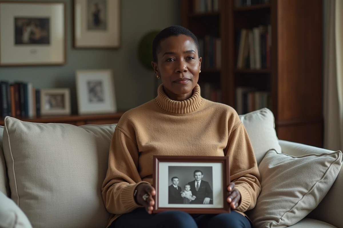 Portrait intime d'une femme noire mature tenant une photographie de famille, exprimant sérénité et résilience dans un salon élégamment décoré