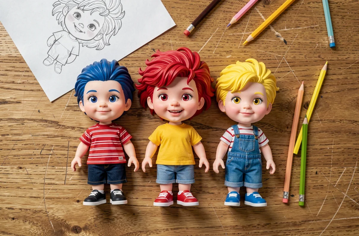 Poupées inspirées de dessins animés aux proportions exagérées posées à côté d'un dessin d'enfant