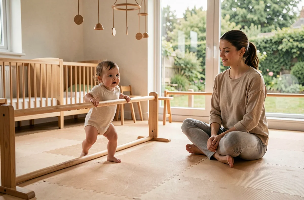 Tout-petit pratiquant la motricité libre sous l'observation bienveillante d'une éducatrice dans la crèche Poupenn