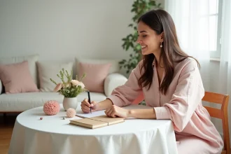 Jeune femme préparant une liste de cadeaux pour un baptême ou une baby shower avec des décorations pastel sur une table blanche