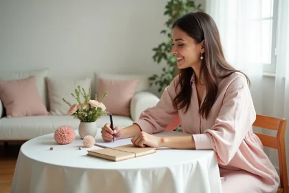 Jeune femme préparant une liste de cadeaux pour un baptême ou une baby shower avec des décorations pastel sur une table blanche