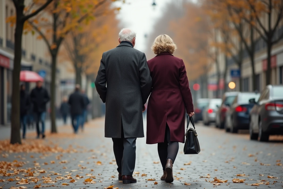 Père et fille se promenant ensemble sur un boulevard parisien en automne, symbolisant la complicité et le lien familial entre un père célèbre et sa fille