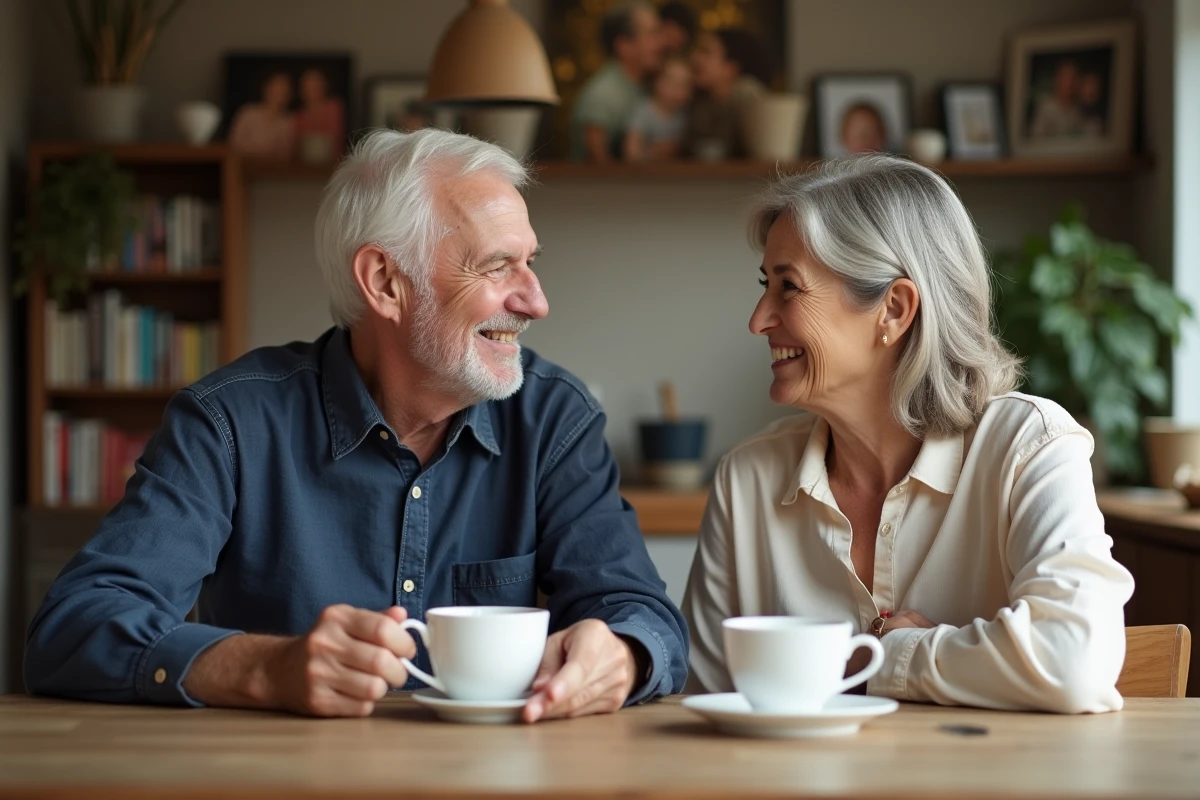 Père et fille adulte partageant un moment complice autour d'une table en bois, illustrant la relation père-fille entre Michel Lafon et Julie Andrieu