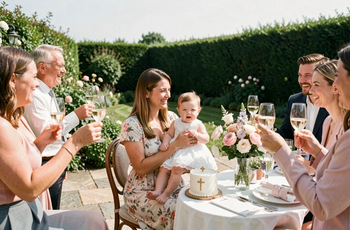 Jeune mère et bébé baptisé en tenue blanche lors d'un repas de fête de baptême en plein air avec famille et amis en 2026