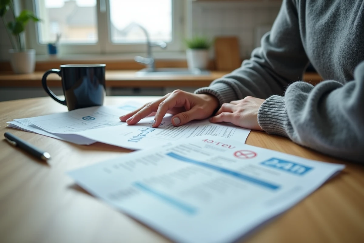 Femme organisant des fiches de paie et une déclaration fiscale sur une table pour calculer ses revenus dans le cadre d'une obligation alimentaire