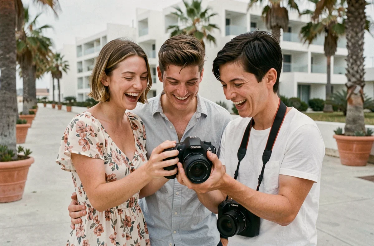 Couple de vacanciers consultant leurs photos avec une photographe sur la promenade de La Grande Motte