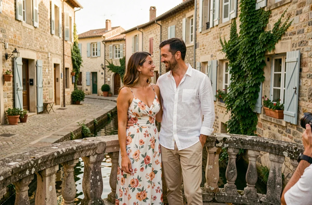 Couple photographié par un professionnel sur un pont de village près de Plaisance-du-Touch lors d'une séance photo en plein air