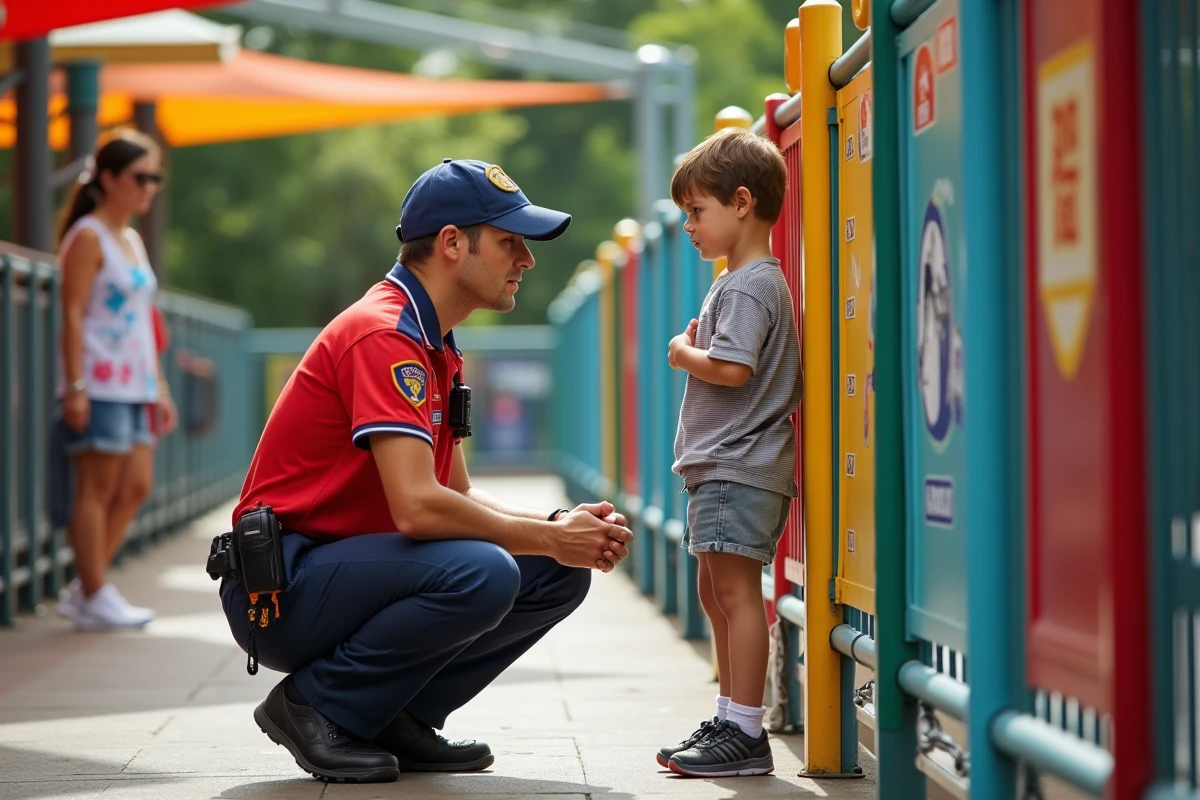 Agent de sécurité vérifiant la taille d'un enfant avant l'accès à une attraction de PortAventura