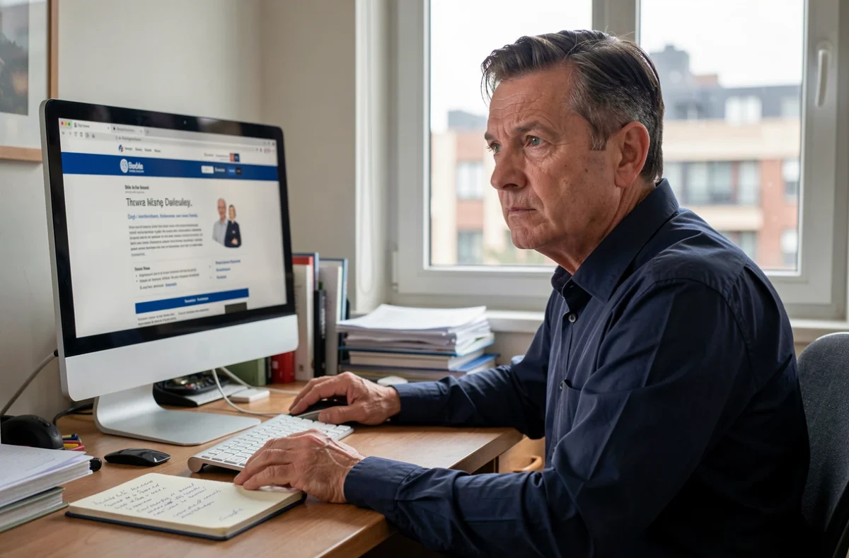 Homme consultant le site internet de la CAF pour effectuer un signalement anonyme en ligne