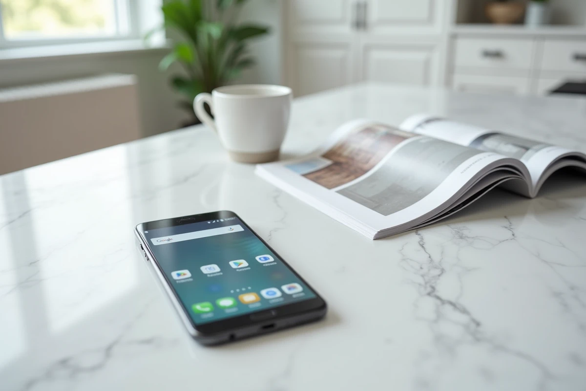 Smartphone affichant une recherche Google sur un comptoir en marbre blanc dans une cuisine moderne
