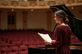 Soprano lyrique en robe bordeaux étudiant une partition près d'un piano à queue dans une salle de concert européenne