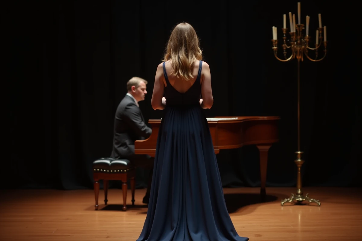 Soprano en robe bleue marine chantant sur scène lors d'un récital de musique de chambre avec claveciniste
