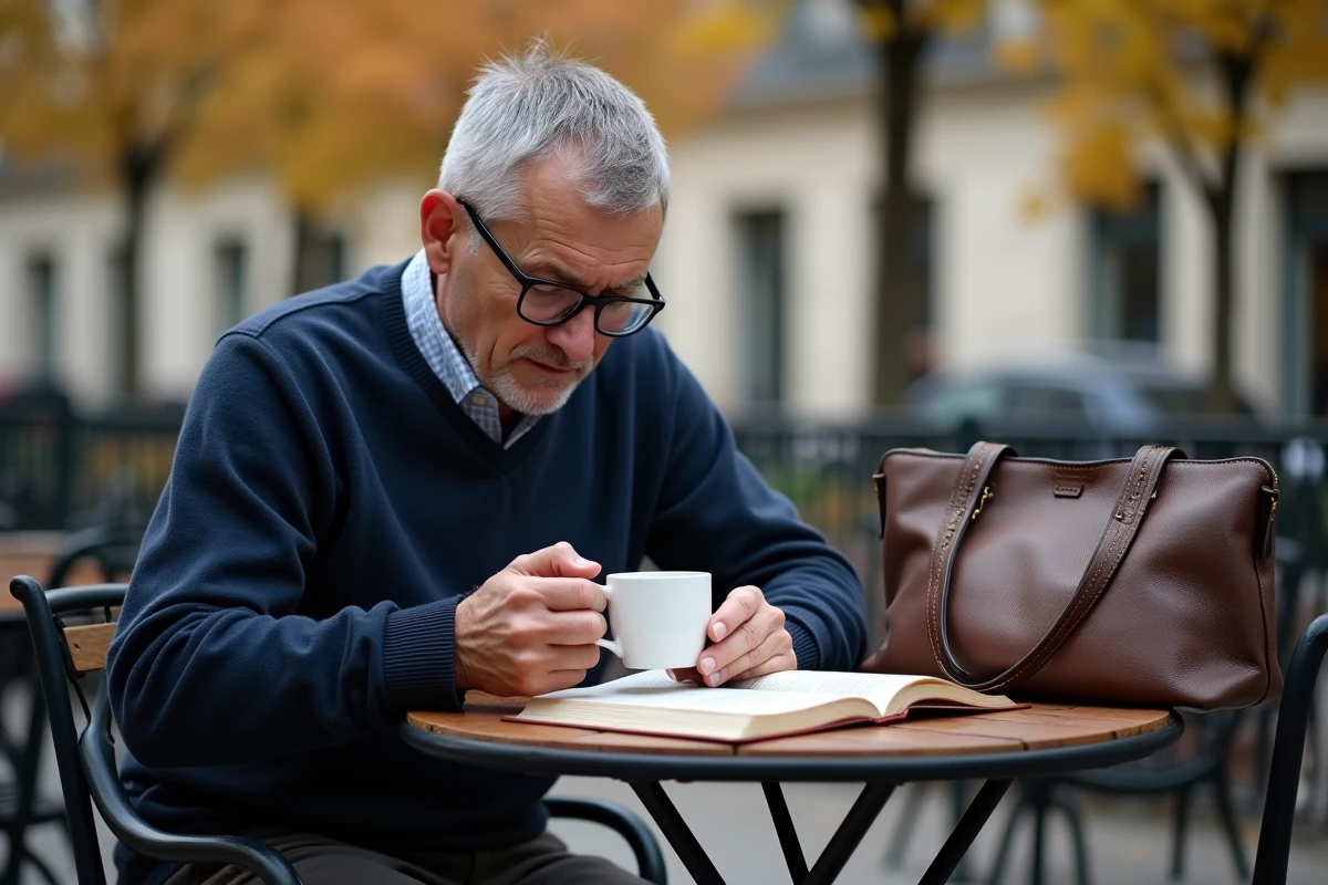 Personnalité publique discrète lisant en terrasse de café parisien pour préserver son intimité