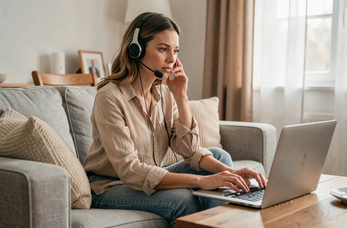 Jeune femme en téléconsultation avec le service client Proxima depuis son salon, casque audio et ordinateur portable