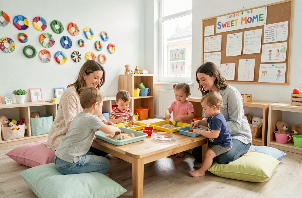 Parents et éducatrice autour d'une table sensorielle avec des enfants dans la crèche coopérative Sweet Mome à Rennes